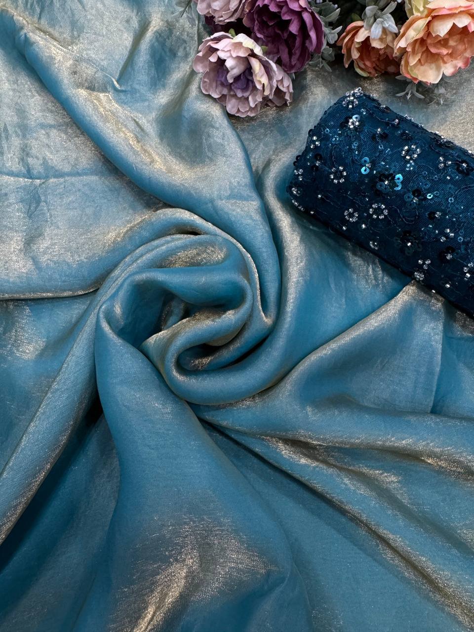 Women's Lustrous Teal Tissue Silk Saree with All-Over Sequin Embellished Blouse Piece
