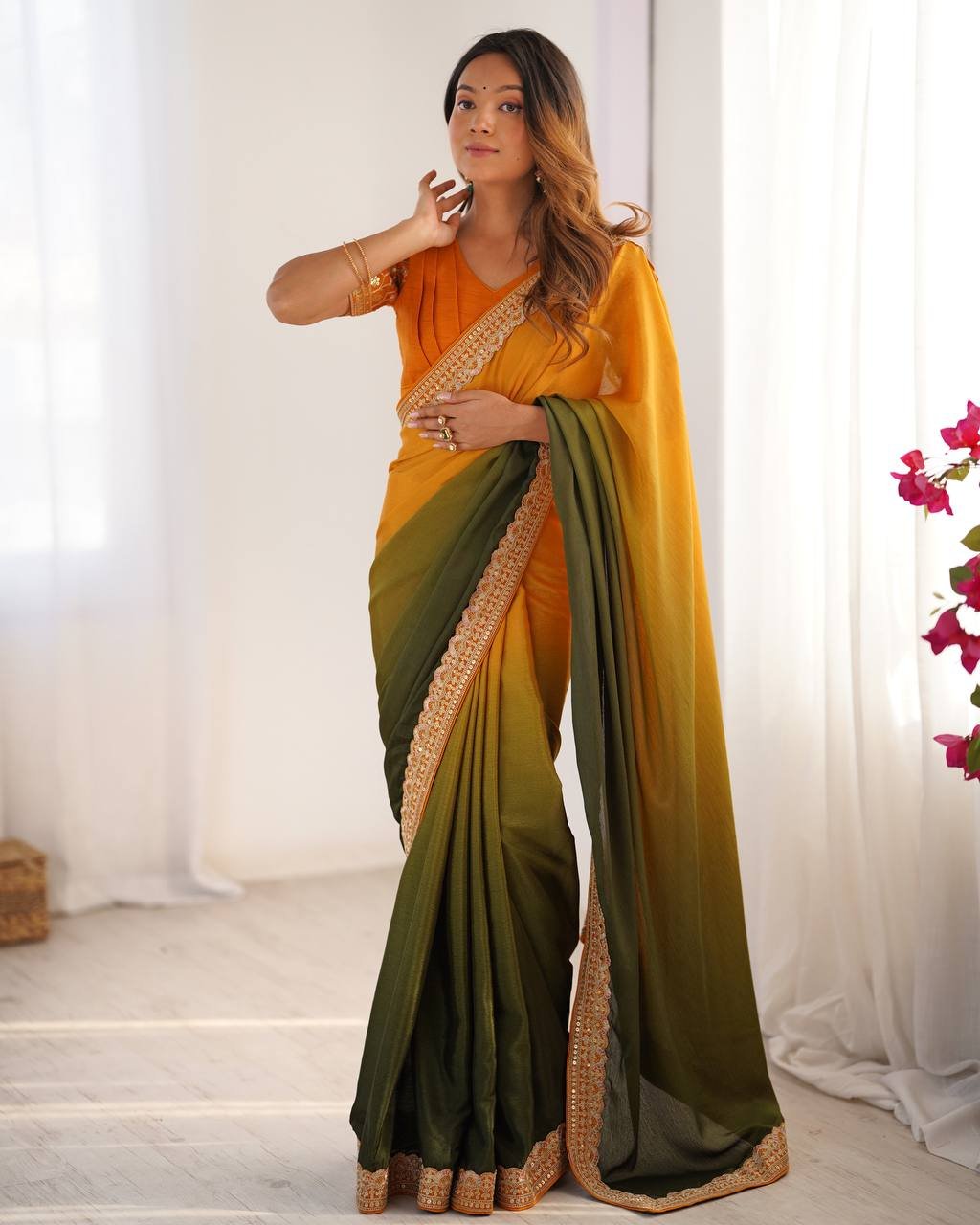Women's Elegant Ombre Green Georgette Saree with Intricate Golden Zari & Stone Embellishments – Complete with Heavily Worked Blouse for Festive & Wedding Wear - Image 18