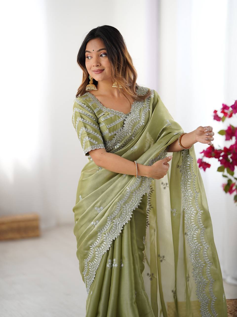 Women's Elegant Regal Purple Georgette Saree with Intricate Silver Thread & Sequin Embroidery – Complete with Embellished Blouse Piece for Festive & Party Wear