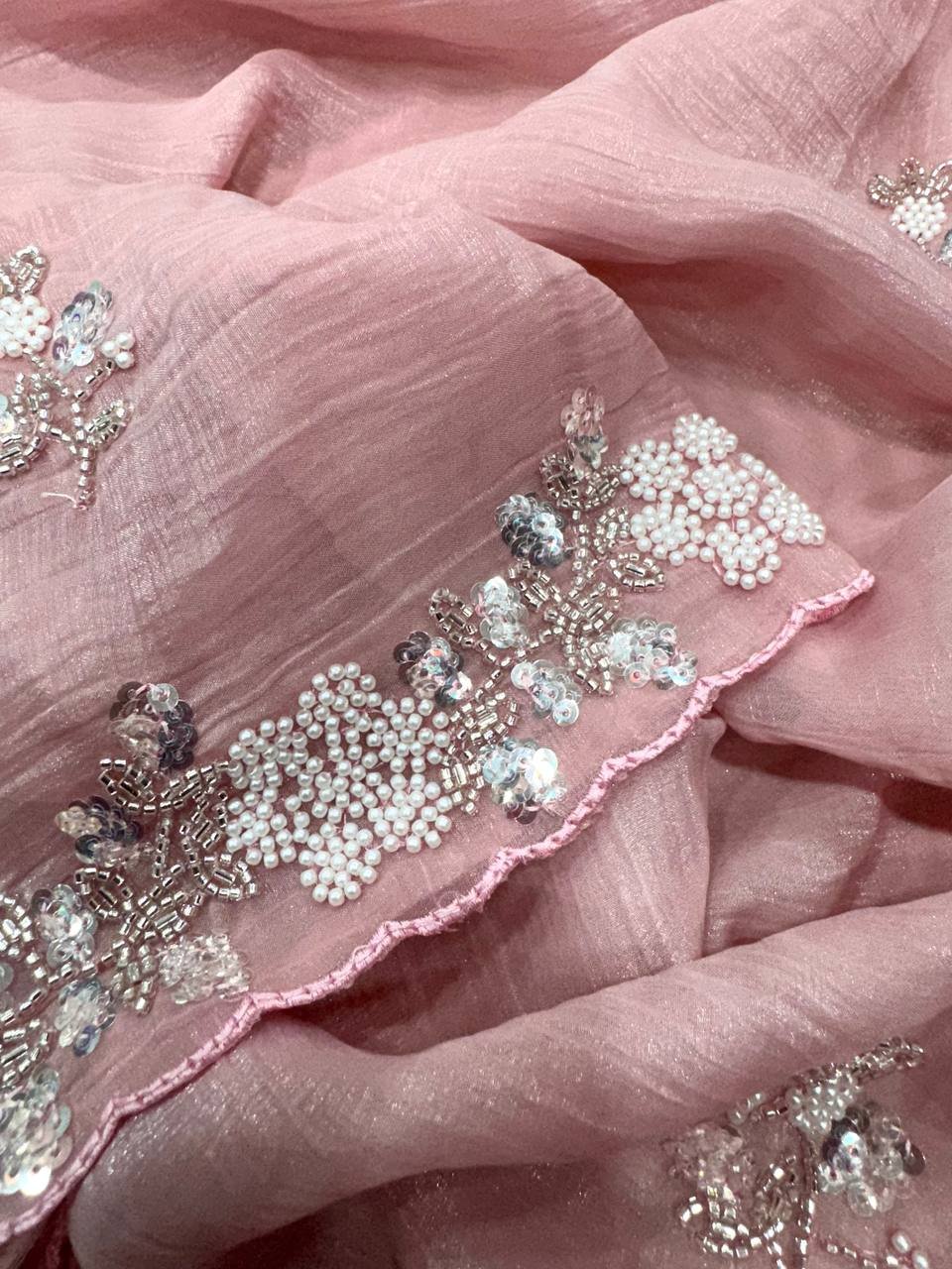 Women's Soft Pink Organza Saree with Delicate Pearl & Sequin Floral Embroidery – Lightweight Sheer Drape for Festive, Wedding & Party Wear - Image 2