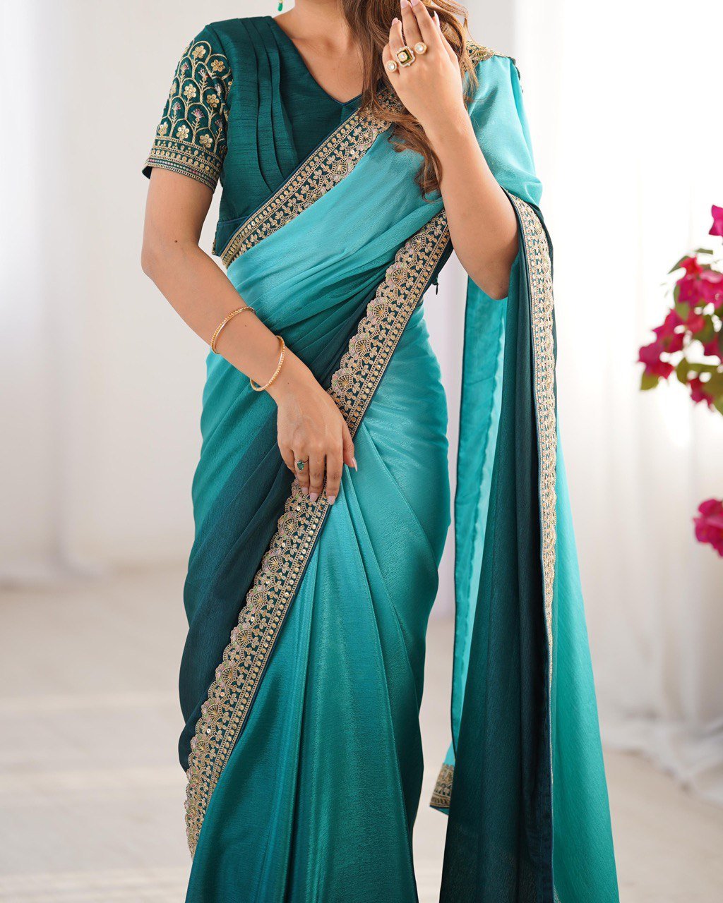Women's Elegant Ombre Green Georgette Saree with Intricate Golden Zari & Stone Embellishments – Complete with Heavily Worked Blouse for Festive & Wedding Wear - Image 11