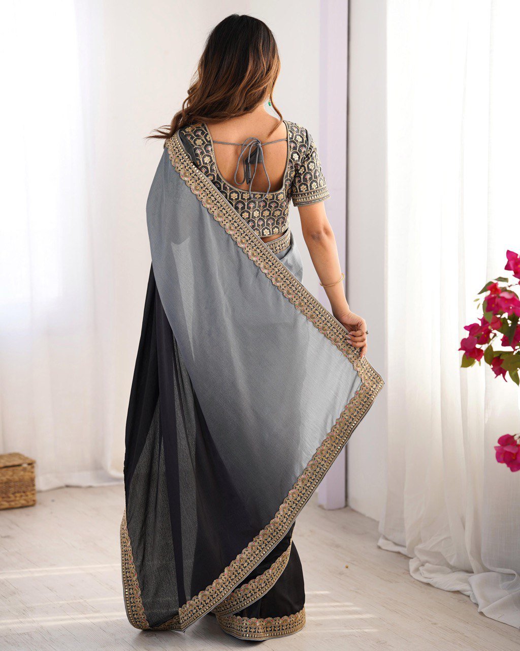 Women's Elegant Ombre Green Georgette Saree with Intricate Golden Zari & Stone Embellishments – Complete with Heavily Worked Blouse for Festive & Wedding Wear - Image 5