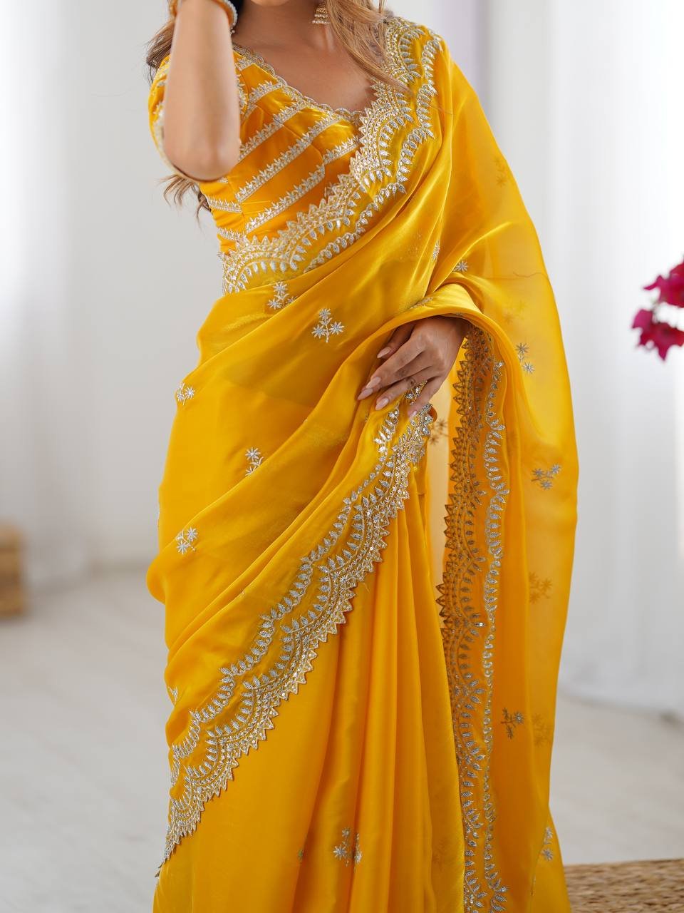 Women's Elegant Regal Purple Georgette Saree with Intricate Silver Thread & Sequin Embroidery – Complete with Embellished Blouse Piece for Festive & Party Wear - Image 3