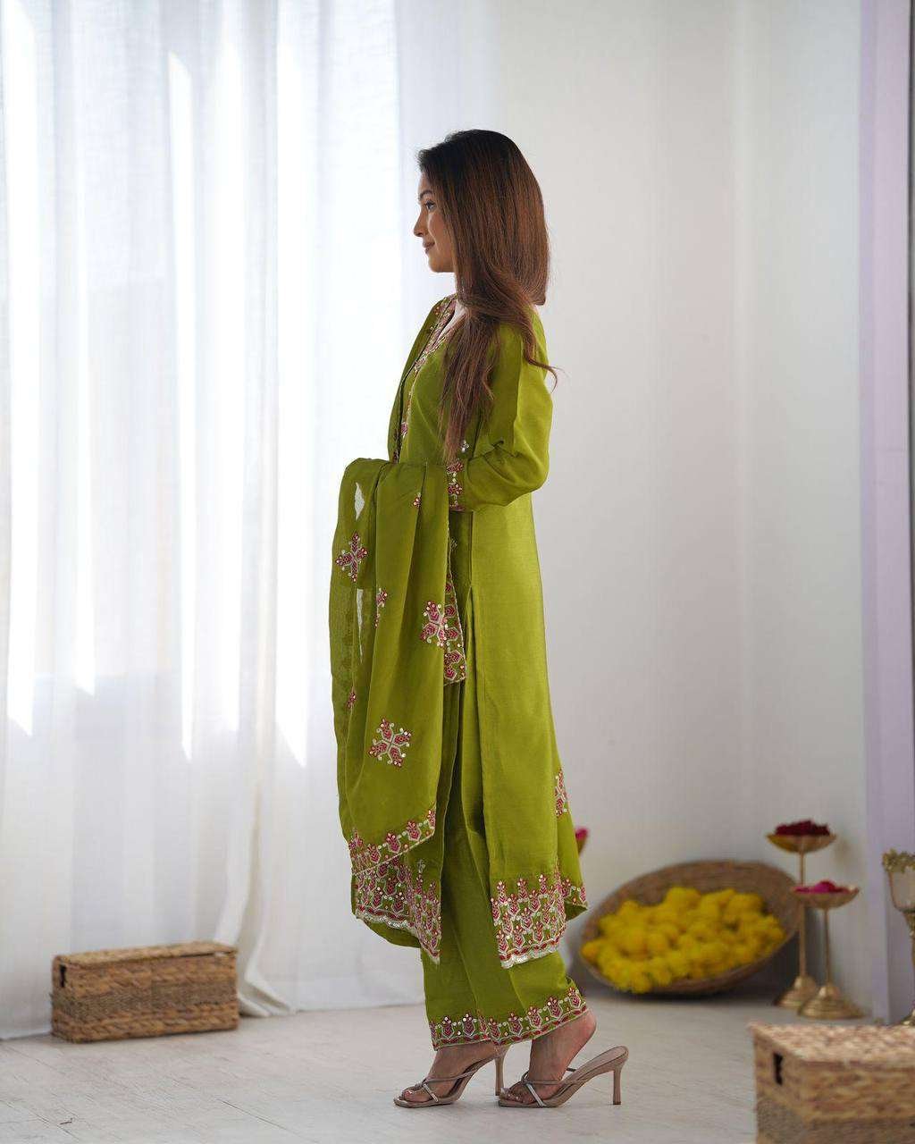 Women's Chinnon Silk Embroidery Sequence Work and Lace Work Straight Kurti With Pant and Dupatta - Image 3